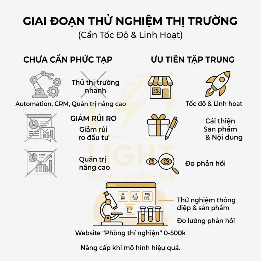Mô hình website phòng thí nghiệm thử nghiệm thị trường, ưu tiên tốc độ linh hoạt và đo lường phản hồi sản phẩm