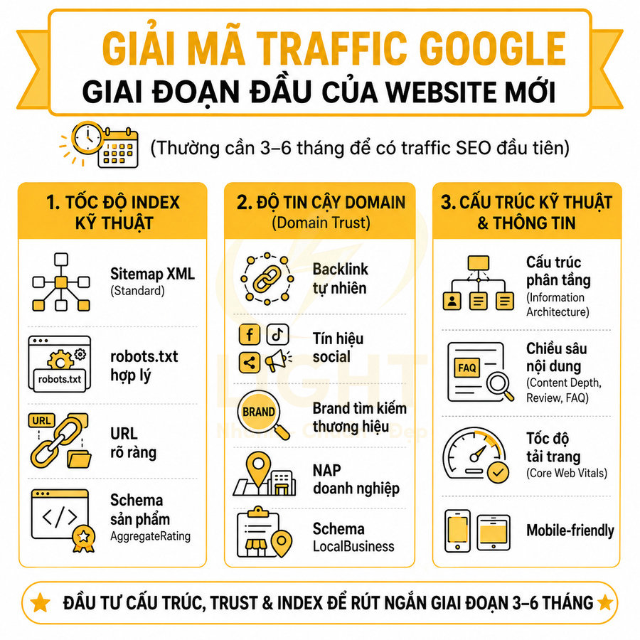 Infographic giải mã traffic Google cho giai đoạn đầu website mới với 3 yếu tố kỹ thuật, domain trust và cấu trúc nội dung