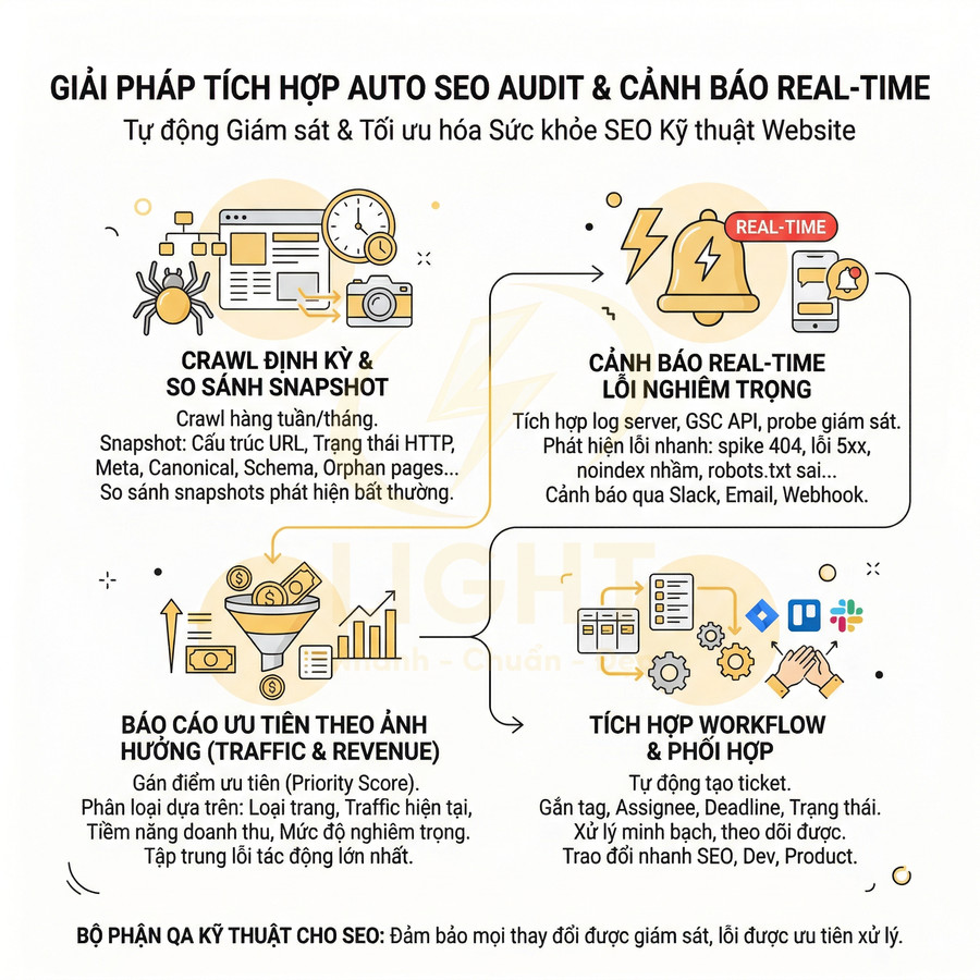 Giải pháp auto SEO audit và cảnh báo real time, crawl định kỳ, báo cáo ưu tiên và tích hợp workflow cho website