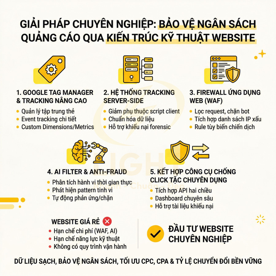 Giải pháp bảo vệ ngân sách quảng cáo bằng kiến trúc kỹ thuật website với tracking, WAF và AI chống click tặc