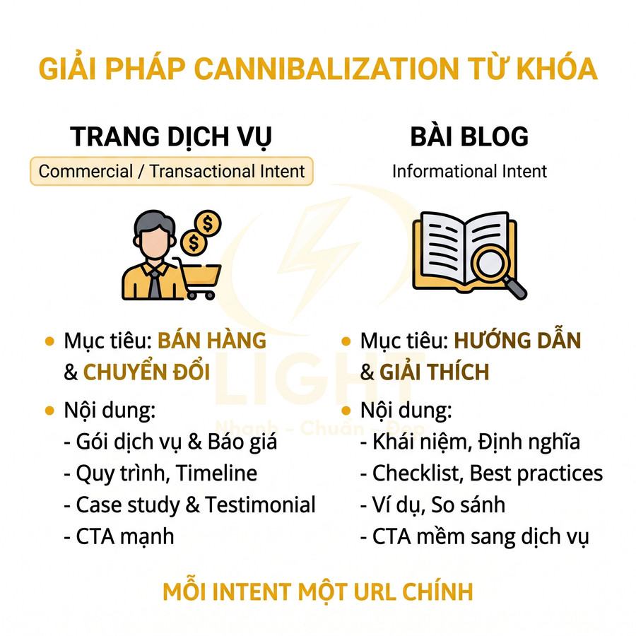 Infographic giải pháp cannibalization từ khóa, so sánh trang dịch vụ và bài blog theo intent và nội dung SEO