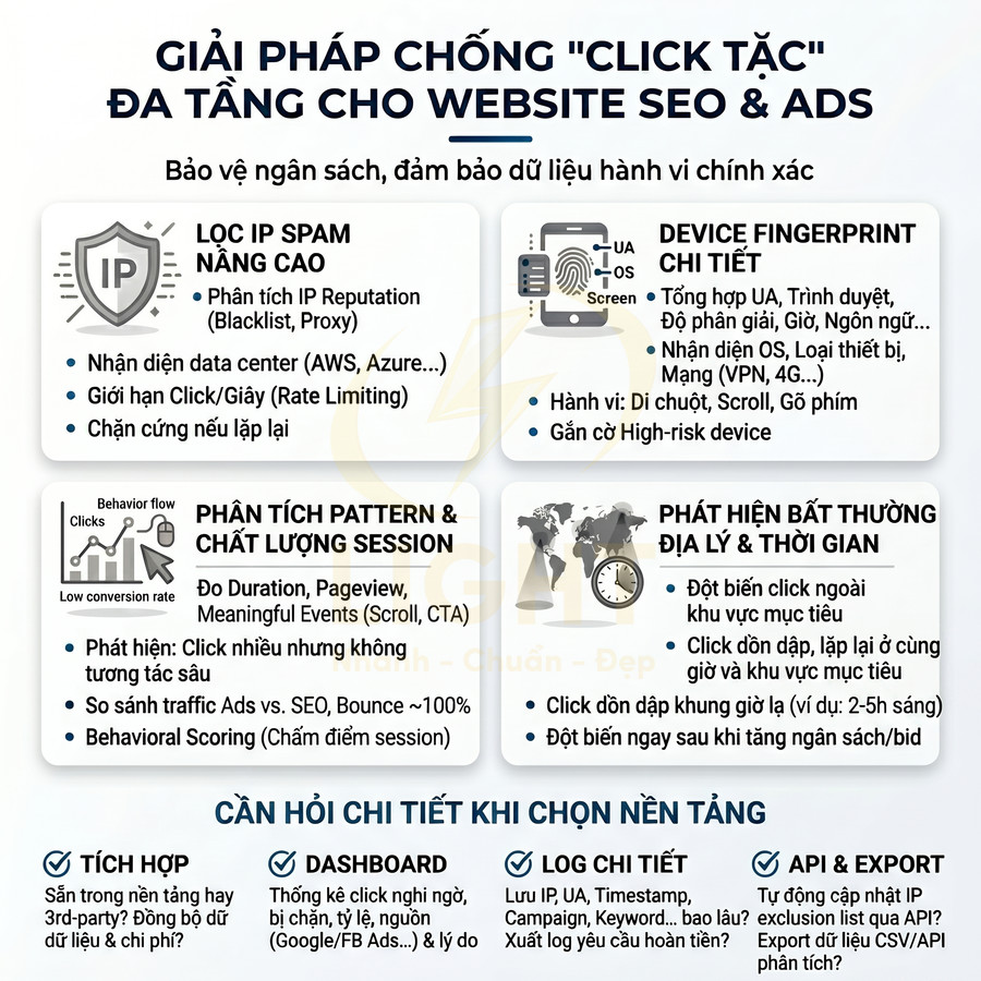 Infographic giải pháp chống click tặc, lọc IP spam và phân tích hành vi để bảo vệ ngân sách quảng cáo SEO Ads
