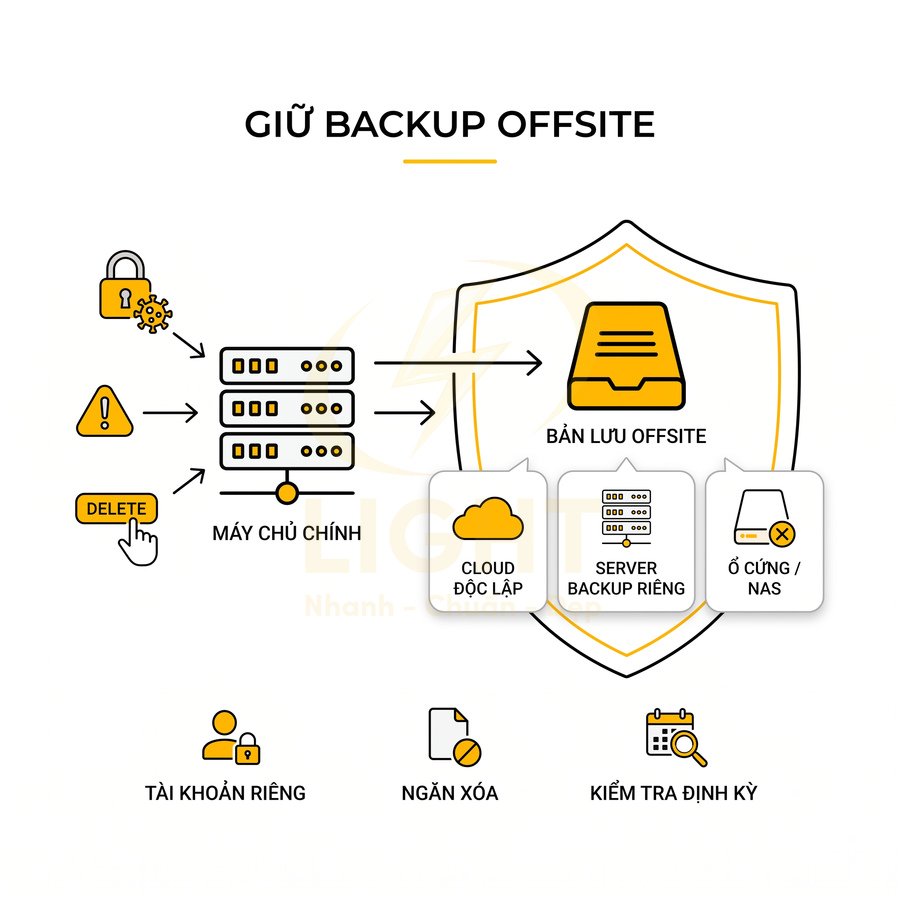 Sơ đồ giải pháp giữ backup offsite từ máy chủ chính sang cloud độc lập, server riêng và ổ cứng NAS