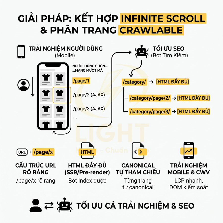 Giải pháp kết hợp infinite scroll và phân trang crawlable tối ưu trải nghiệm người dùng và SEO cho website