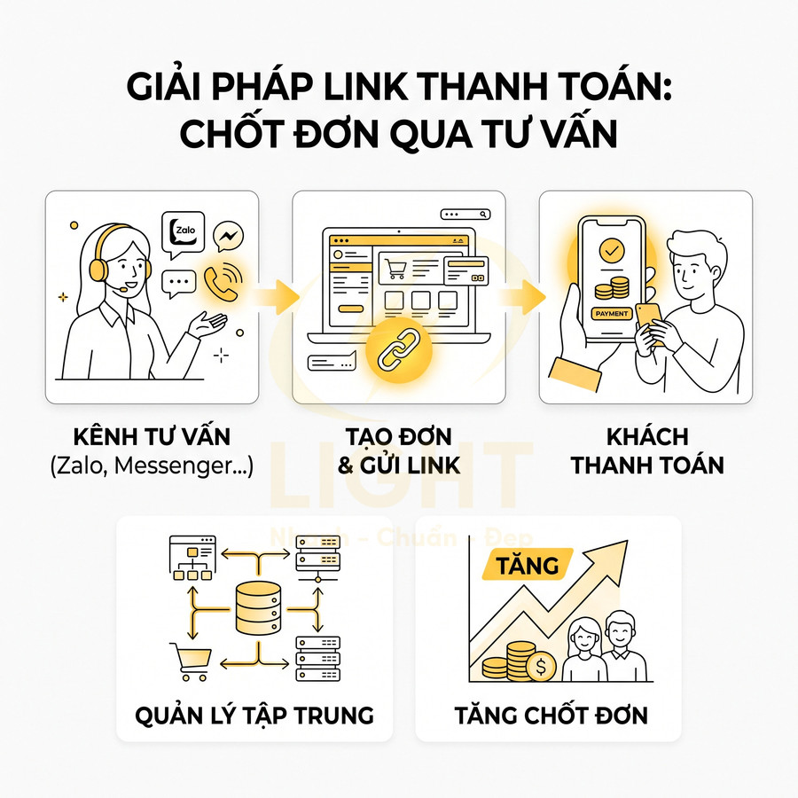 Giải pháp link thanh toán chốt đơn qua tư vấn, tạo đơn gửi link, khách thanh toán và quản lý tập trung tăng doanh số