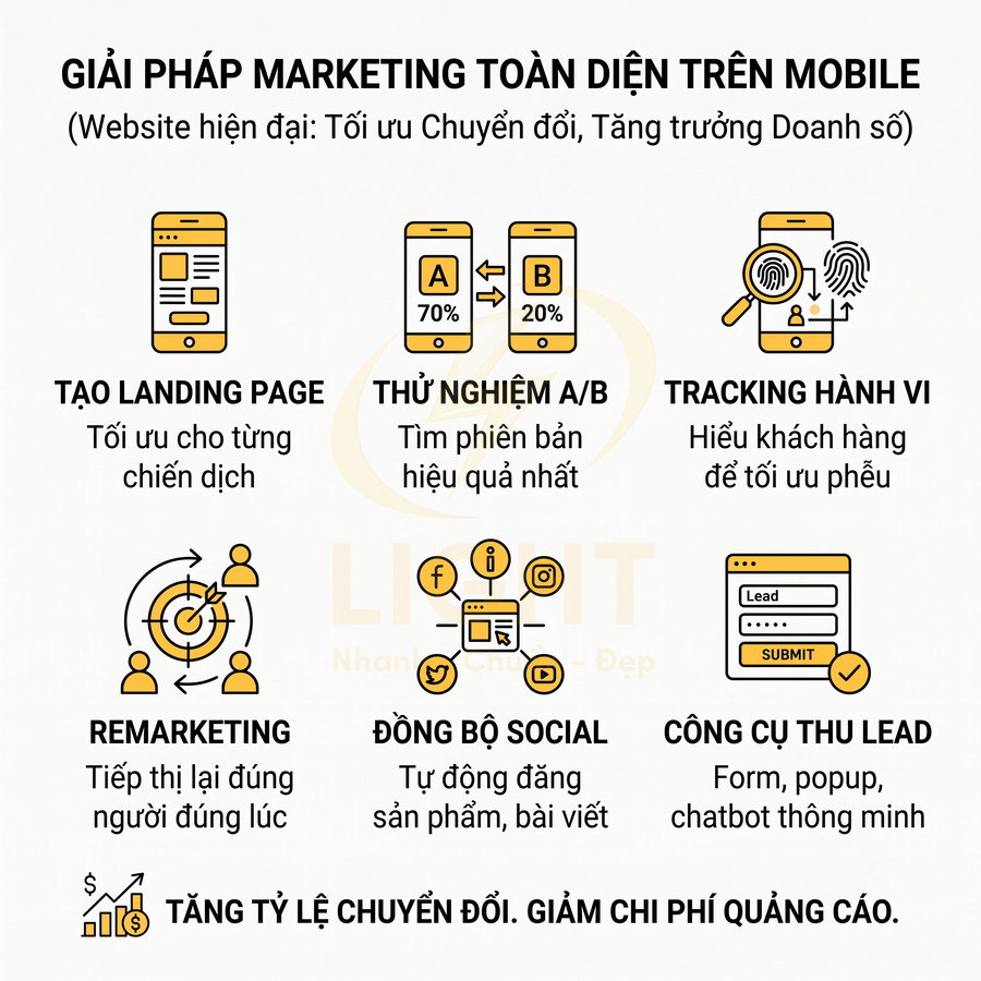 Giải pháp marketing toàn diện trên mobile với landing page, A/B testing, tracking hành vi, remarketing, đồng bộ social, thu lead