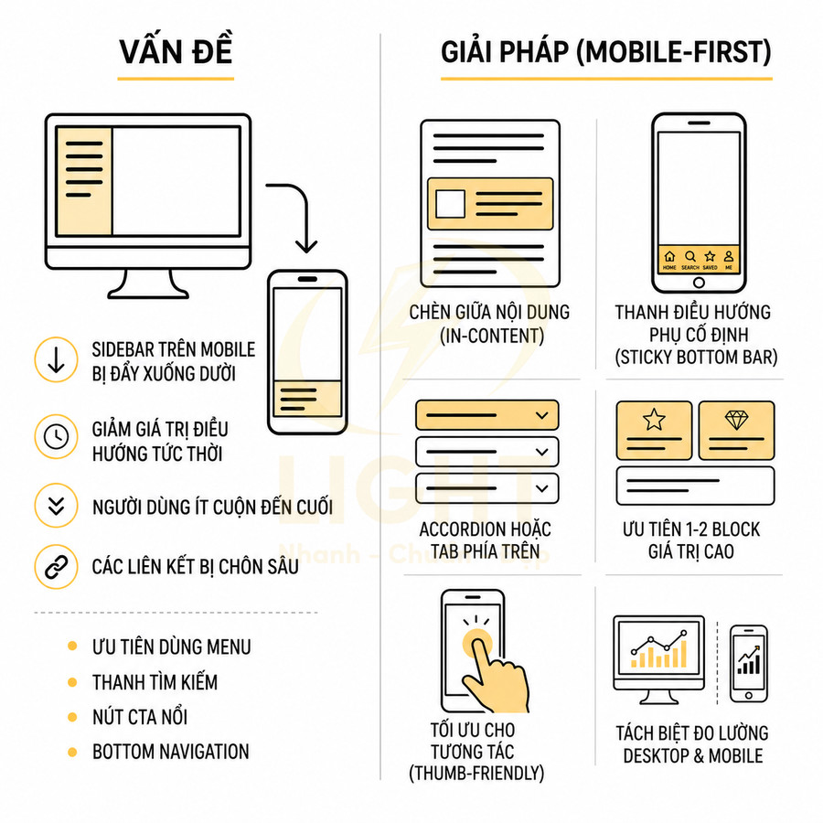 Infographic so sánh vấn đề sidebar trên mobile và giải pháp thiết kế website mobile first tối ưu điều hướng