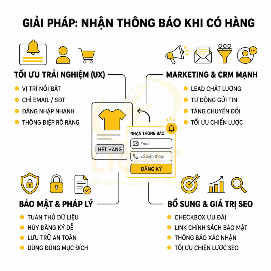 Giải pháp nhận thông báo khi có hàng cho sản phẩm hết hàng trên website, tối ưu UX, marketing, bảo mật và SEO