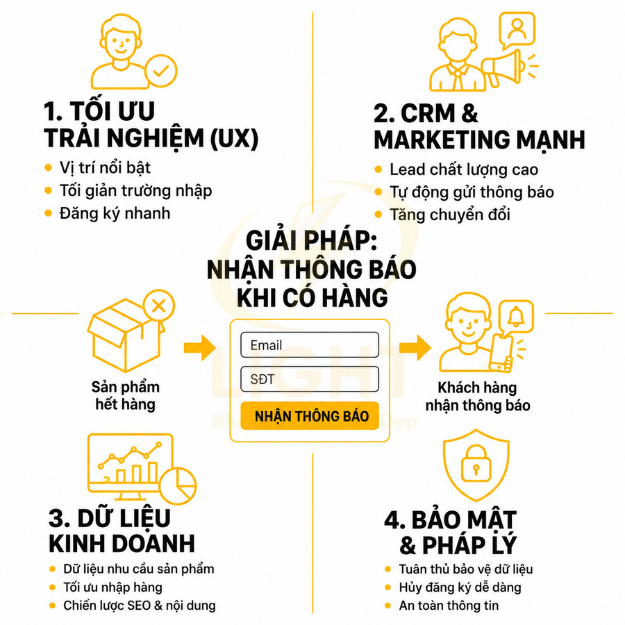 Giải pháp nhận thông báo khi có hàng với form nhập email số điện thoại và các lợi ích UX CRM dữ liệu kinh doanh bảo mật