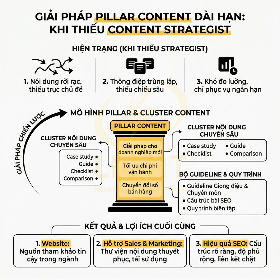 Mô hình pillar content và cluster content giải thích giải pháp chiến lược nội dung dài hạn cho doanh nghiệp