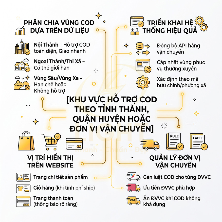 Mô tả giải pháp quản lý khu vực hỗ trợ COD theo tỉnh thành, quận huyện và đơn vị vận chuyển cho website bán hàng