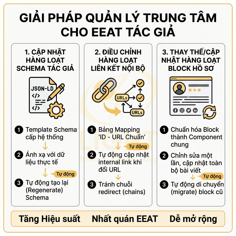 Infographic giải pháp quản lý trung tâm cho EEAT tác giả với ba bước tối ưu schema, liên kết nội bộ và block hồ sơ