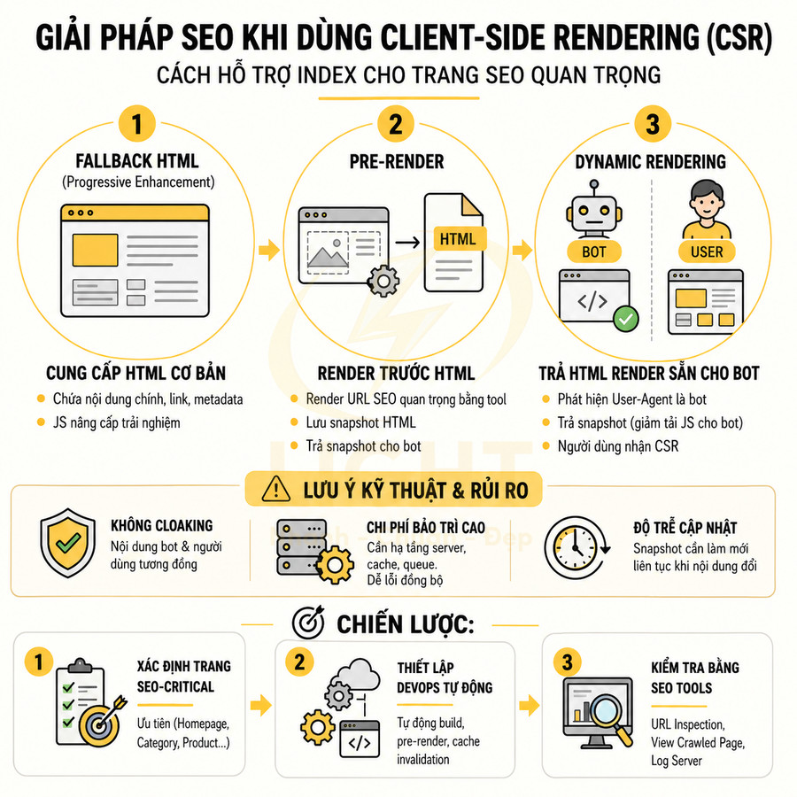 Hướng dẫn giải pháp SEO cho website dùng client side rendering CSR với fallback HTML, pre render và dynamic rendering