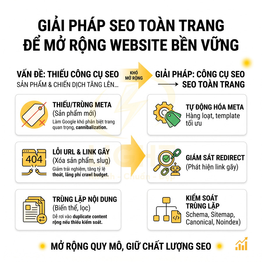 Giải pháp SEO toàn trang giúp mở rộng website bền vững, tự động hóa meta, giám sát redirect và kiểm soát trùng lặp nội dung