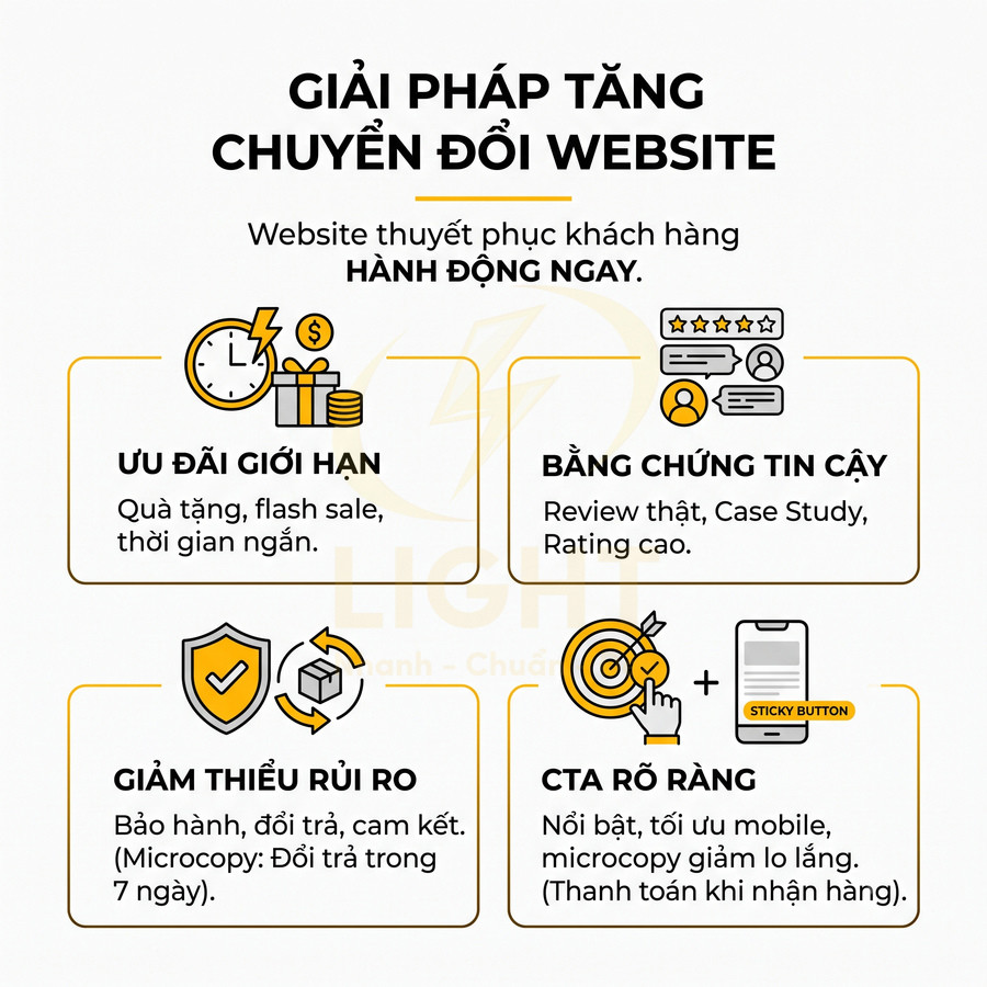Infographic giải pháp tăng chuyển đổi website với ưu đãi giới hạn, bằng chứng tin cậy, giảm rủi ro và CTA rõ ràng