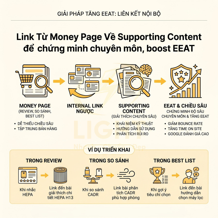Infographic quy trình internal link từ money page tới supporting content để tăng EEAT và chiều sâu nội dung SEO