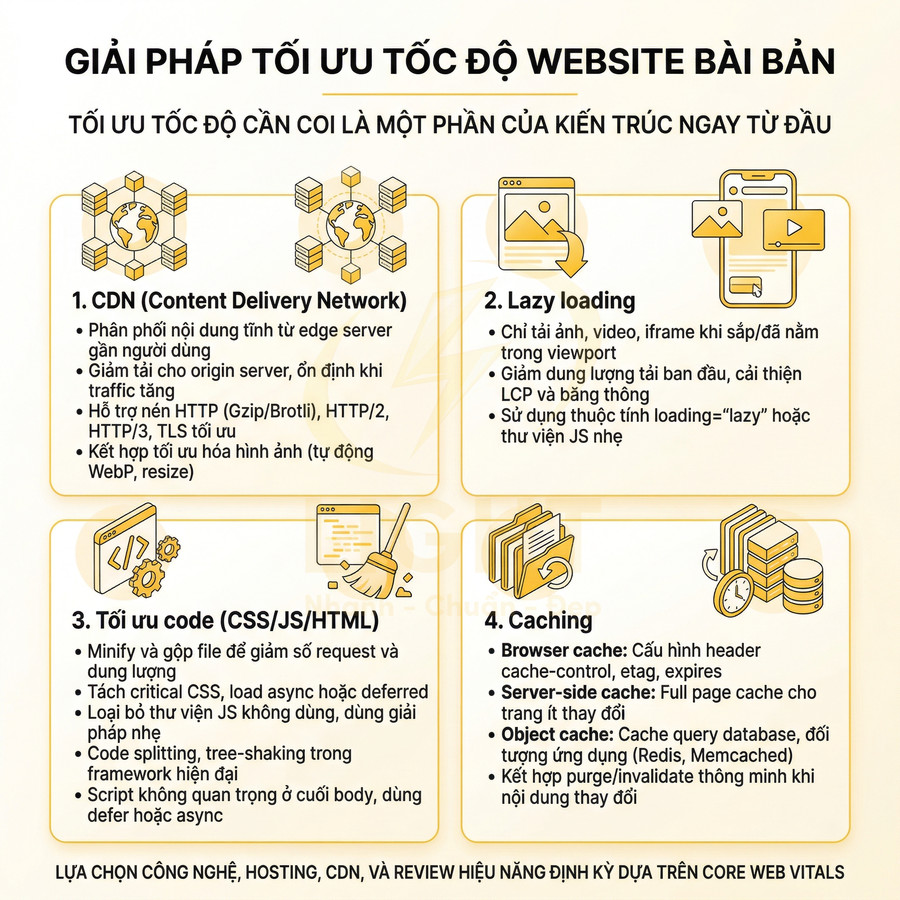 Giải pháp tối ưu tốc độ website với CDN, lazy loading, tối ưu code CSS JS HTML và caching chi tiết bằng tiếng Việt