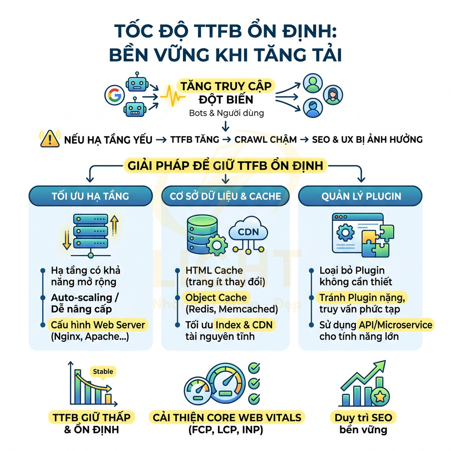 Infographic giải pháp tối ưu hạ tầng, cơ sở dữ liệu, plugin để giữ tốc độ TTFB ổn định và cải thiện SEO website
