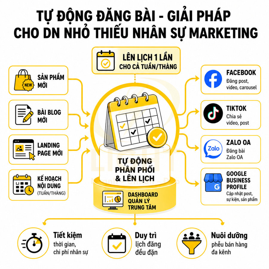 Giải pháp tự động đăng bài marketing đa kênh cho doanh nghiệp nhỏ, lên lịch và phân phối nội dung trên Facebook TikTok Zalo Google