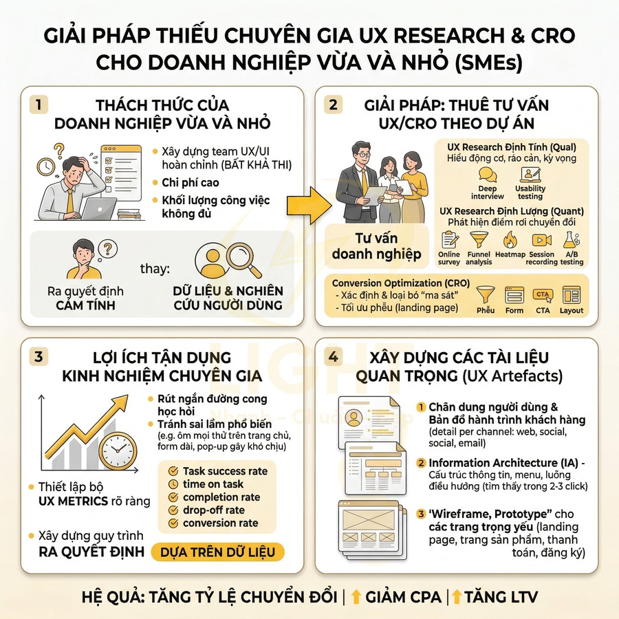 Infographic giải pháp thiếu chuyên gia UX Research và CRO cho doanh nghiệp vừa và nhỏ, nêu thách thức, lợi ích và quy trình