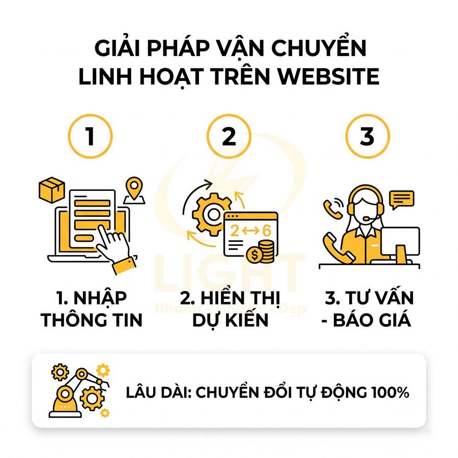 Quy trình giải pháp vận chuyển linh hoạt trên website với các bước nhập thông tin hiển thị dự kiến tư vấn báo giá