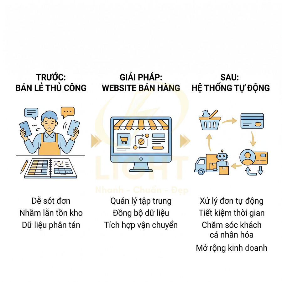 Minh họa so sánh bán lẻ thủ công và website bán hàng với hệ thống xử lý đơn tự động