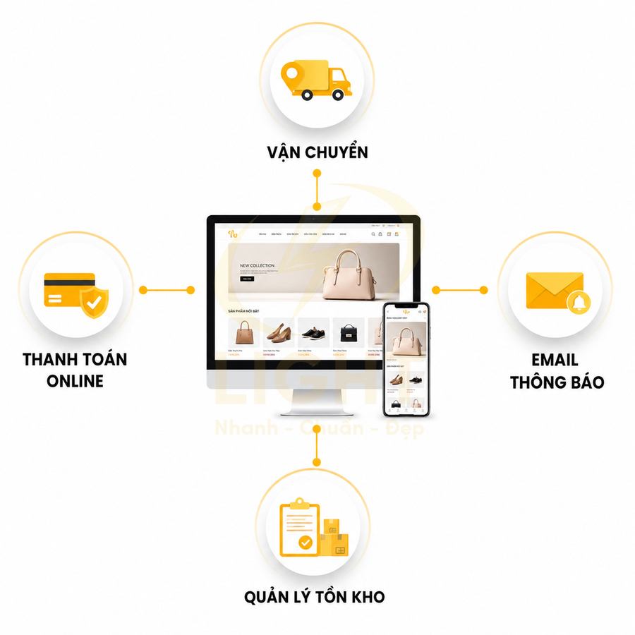 Giao diện website bán túi xách trên máy tính và điện thoại với các tính năng thanh toán online, vận chuyển, email thông báo, quản lý tồn kho