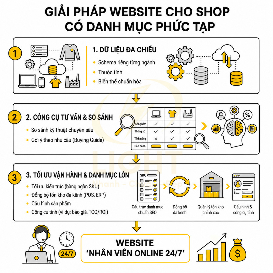 Giải pháp thiết kế website cho shop có danh mục sản phẩm phức tạp với dữ liệu đa chiều và công cụ tư vấn so sánh