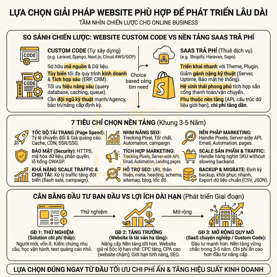 Infographic so sánh website custom code và nền tảng SaaS trả phí, tiêu chí chọn nền tảng và chiến lược phát triển lâu dài