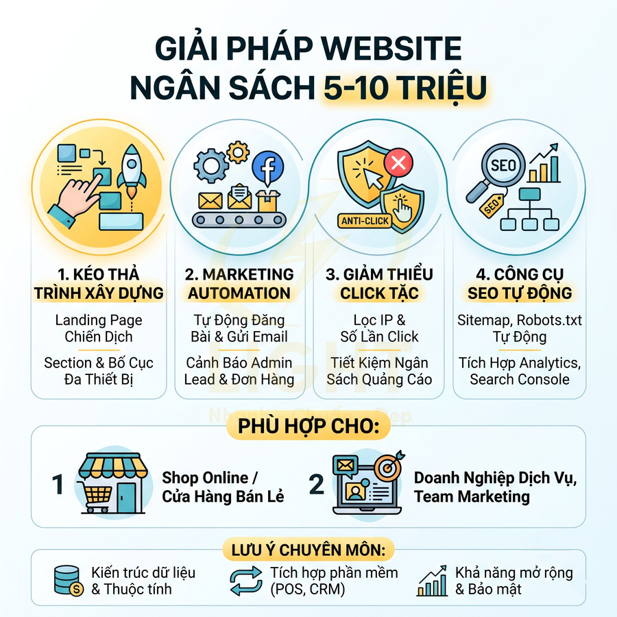 Giải pháp thiết kế website ngân sách 5-10 triệu với kéo thả, marketing automation, giảm click tặc và công cụ SEO tự động