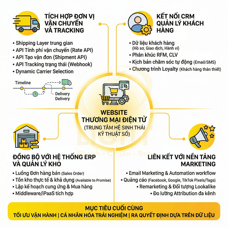 Mô hình website thương mại điện tử kết nối vận chuyển, CRM, ERP kho và nền tảng marketing để tối ưu vận hành và trải nghiệm