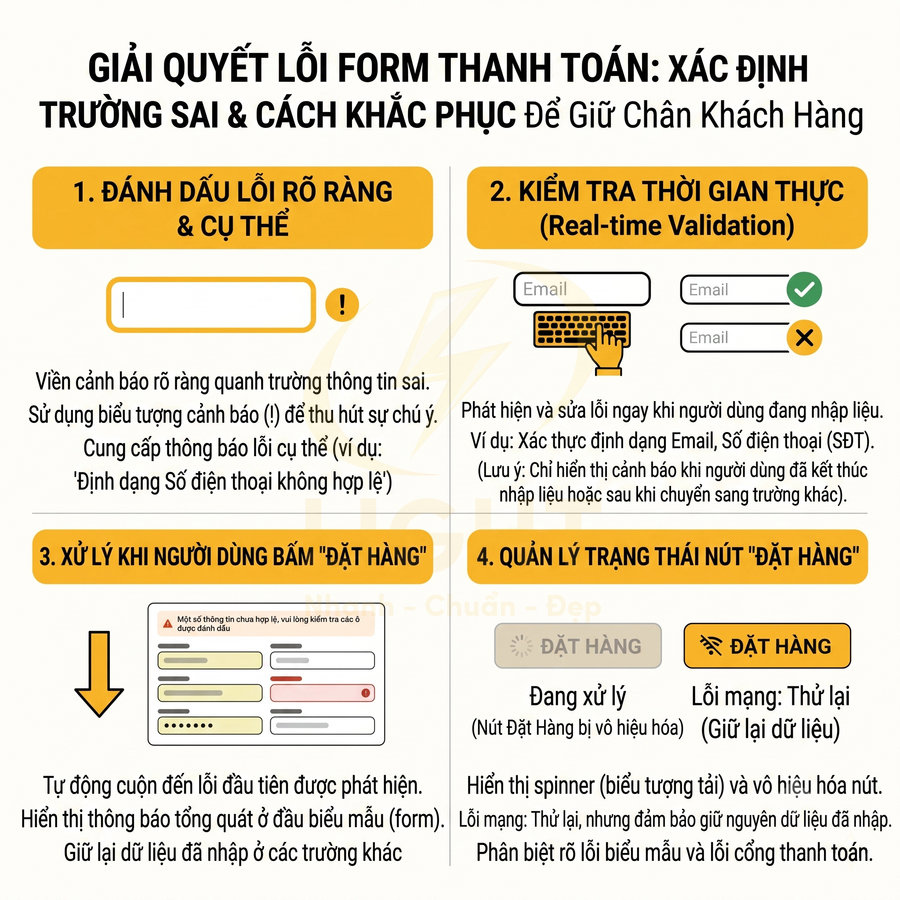 Hướng dẫn tối ưu form thanh toán với đánh dấu lỗi rõ ràng, kiểm tra thời gian thực và quản lý nút đặt hàng