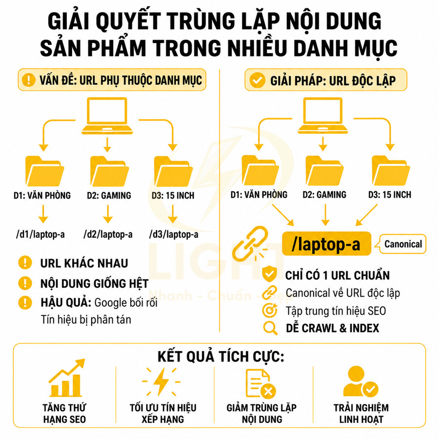 Infographic hướng dẫn xử lý trùng lặp nội dung sản phẩm laptop bằng URL độc lập và thẻ canonical để tối ưu SEO