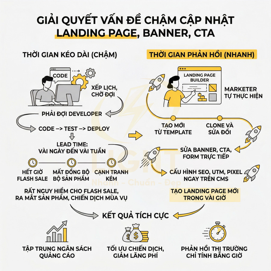 Infographic quy trình dùng landing page builder giúp marketer cập nhật landing page, banner, CTA nhanh thay vì chờ developer