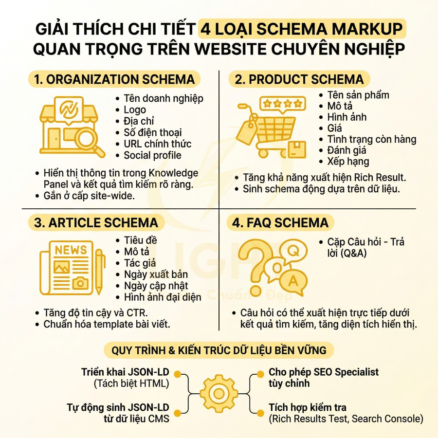 Giải thích chi tiết 4 loại schema markup quan trọng cho website chuyên nghiệp bằng infographic tiếng Việt