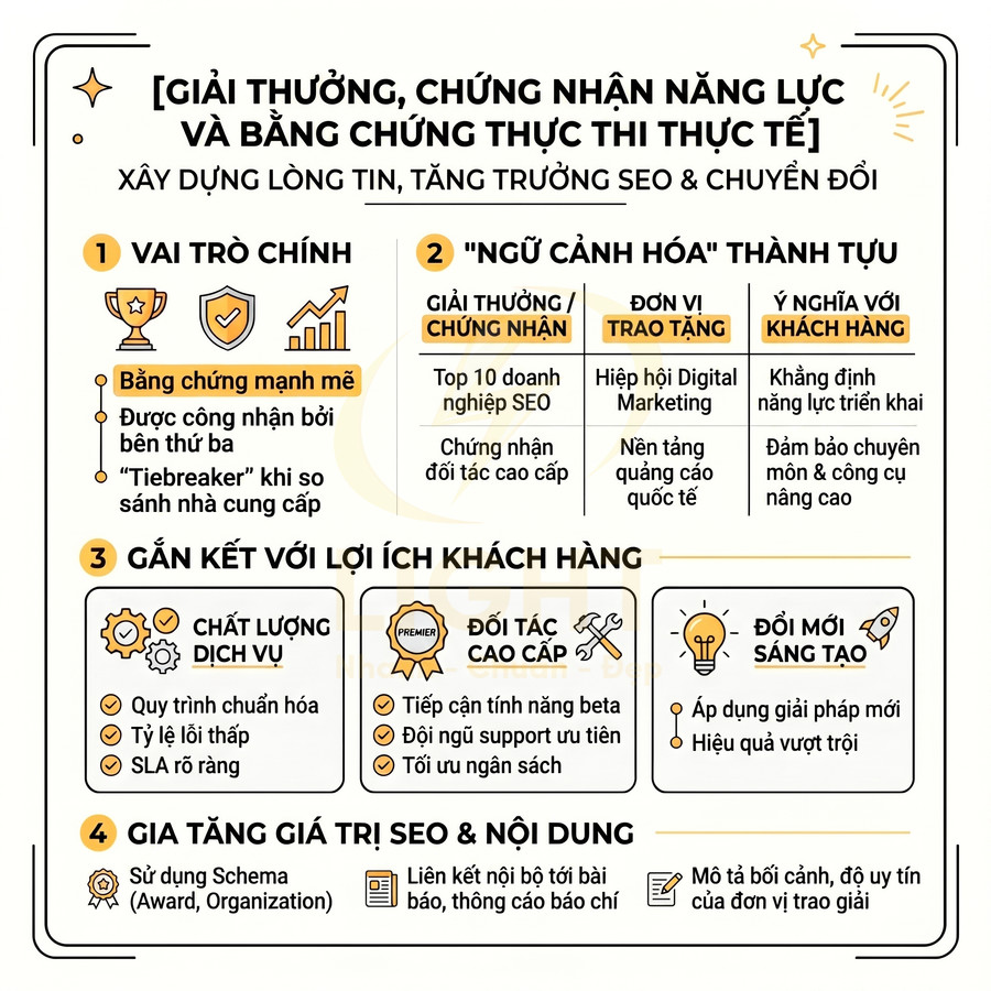 Infographic giải thích vai trò giải thưởng và chứng nhận trong xây dựng lòng tin, tăng trưởng SEO và chuyển đổi