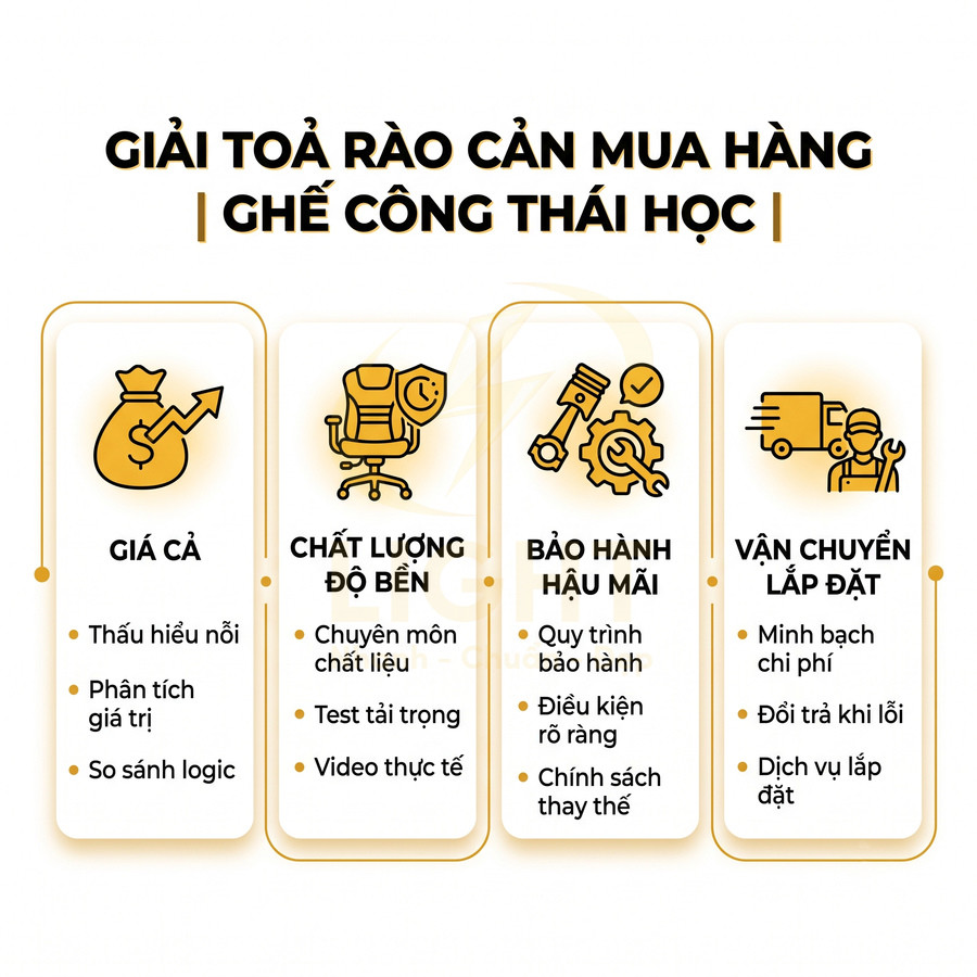 Ưu điểm ghế công thái học về giá cả, chất lượng độ bền, bảo hành hậu mãi và vận chuyển lắp đặt