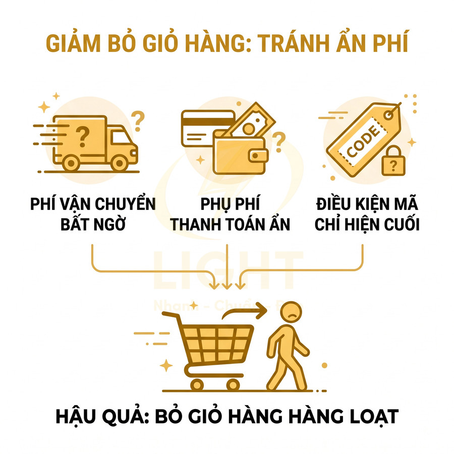Minh họa các loại phí ẩn trong giỏ hàng online gây bỏ giỏ hàng hàng loạt