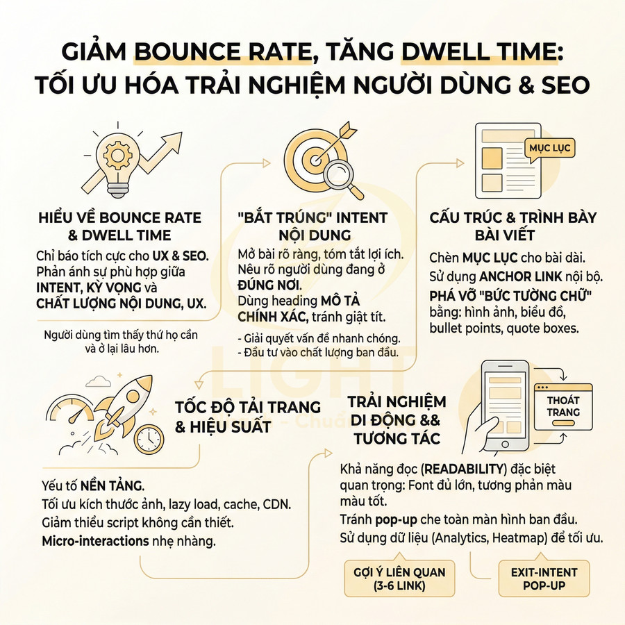 Infographic tối ưu UX và SEO để giảm bounce rate, tăng dwell time với các tips về nội dung, tốc độ tải trang và trải nghiệm di động