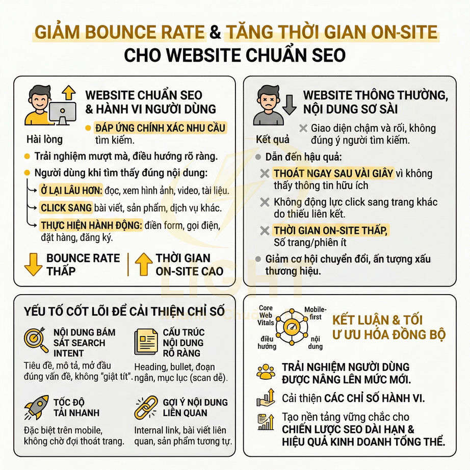 Infographic hướng dẫn giảm bounce rate và tăng thời gian on site cho website chuẩn SEO