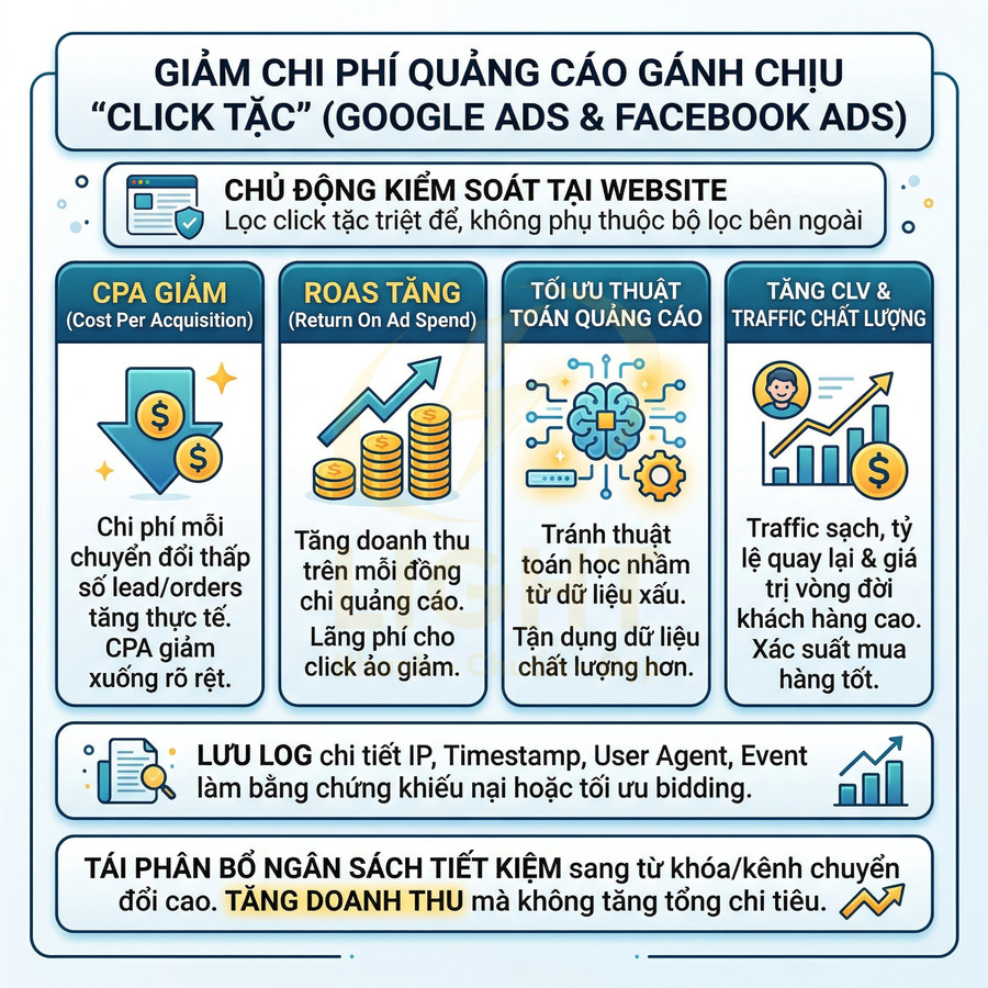 Infographic giải pháp giảm chi phí quảng cáo Google Ads Facebook Ads, chặn click tặc và tối ưu ngân sách marketing
