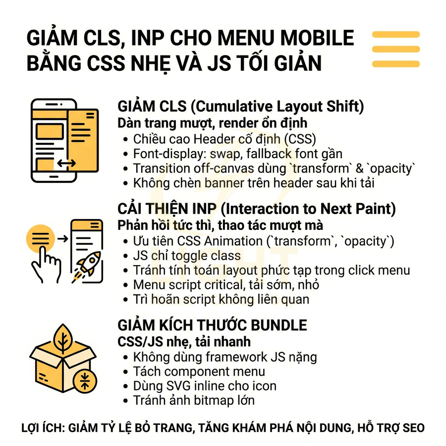 Hướng dẫn tối ưu menu mobile bằng CSS và JavaScript nhẹ để giảm CLS, cải thiện INP và giảm kích thước bundle