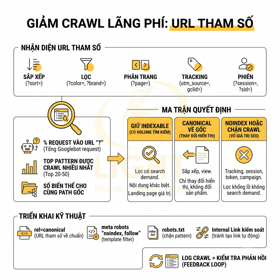 Infographic hướng dẫn giảm crawl lãng phí cho URL tham số trong SEO với ma trận quyết định và triển khai kỹ thuật