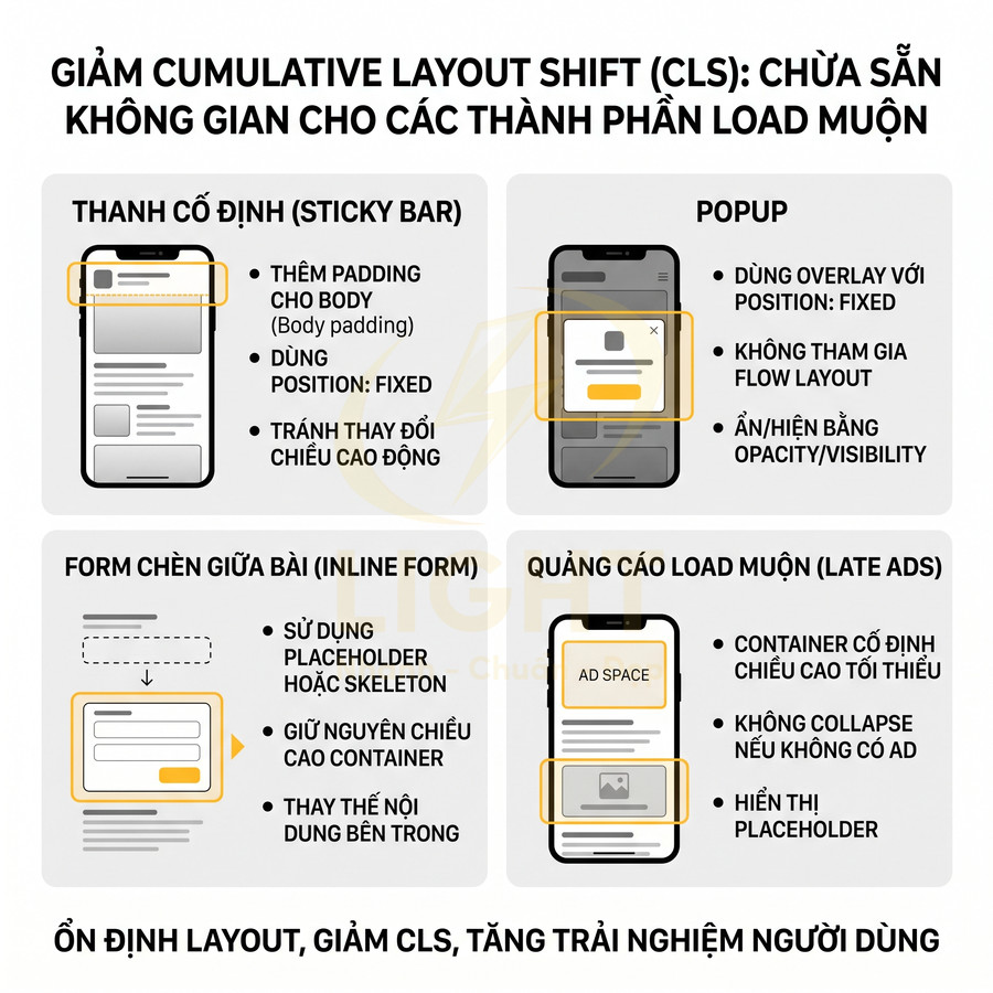 Hướng dẫn giảm Cumulative Layout Shift với sticky bar, popup, form chèn giữa bài và quảng cáo load muộn trên giao diện mobile