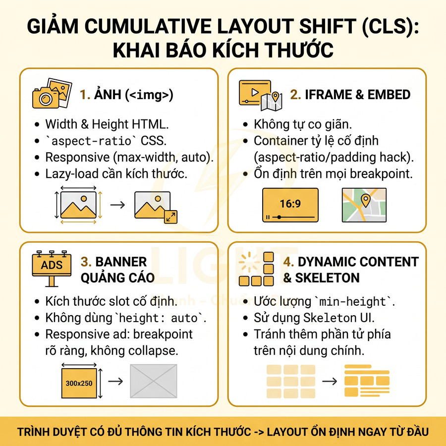 Hướng dẫn giảm Cumulative Layout Shift bằng khai báo kích thước ảnh, iframe, banner quảng cáo và nội dung động
