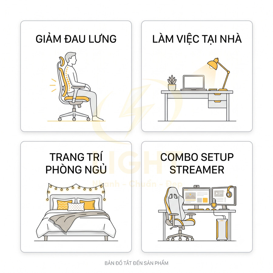 Ghế công thái học và đèn trang trí dùng cho làm việc tại nhà, giảm đau lưng, setup streamer và trang trí phòng ngủ