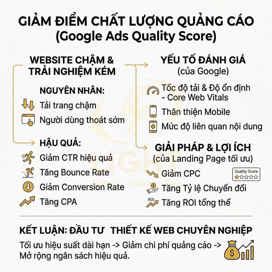 Infographic giải thích ảnh hưởng của website chậm đến điểm chất lượng quảng cáo Google Ads và lợi ích tối ưu landing page