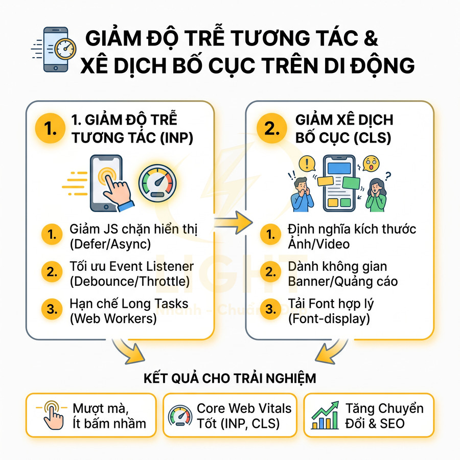 Infographic tối ưu Core Web Vitals INP và CLS để giảm độ trễ tương tác và xê dịch bố cục trên di động