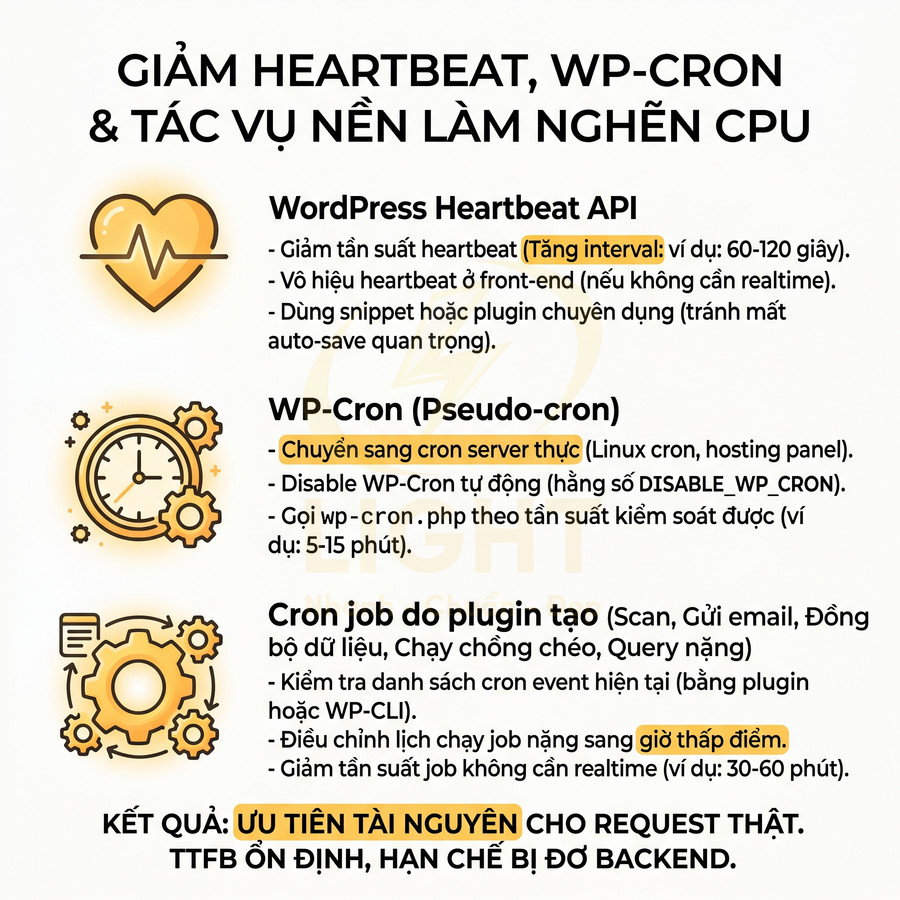 Hướng dẫn tối ưu WordPress Heartbeat, WP Cron và cron job plugin để giảm nghẽn CPU và ưu tiên tài nguyên server