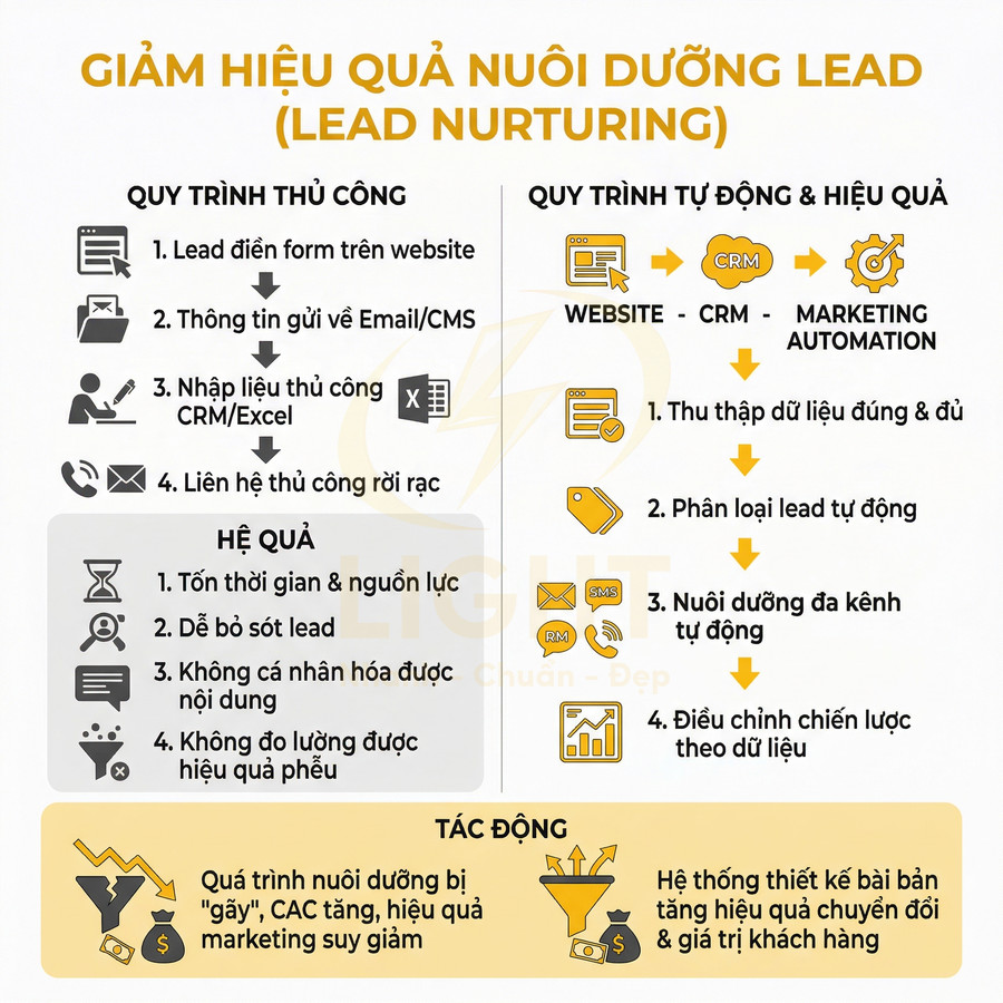 So sánh quy trình nuôi dưỡng lead thủ công và tự động bằng CRM, marketing automation và tác động đến hiệu quả marketing
